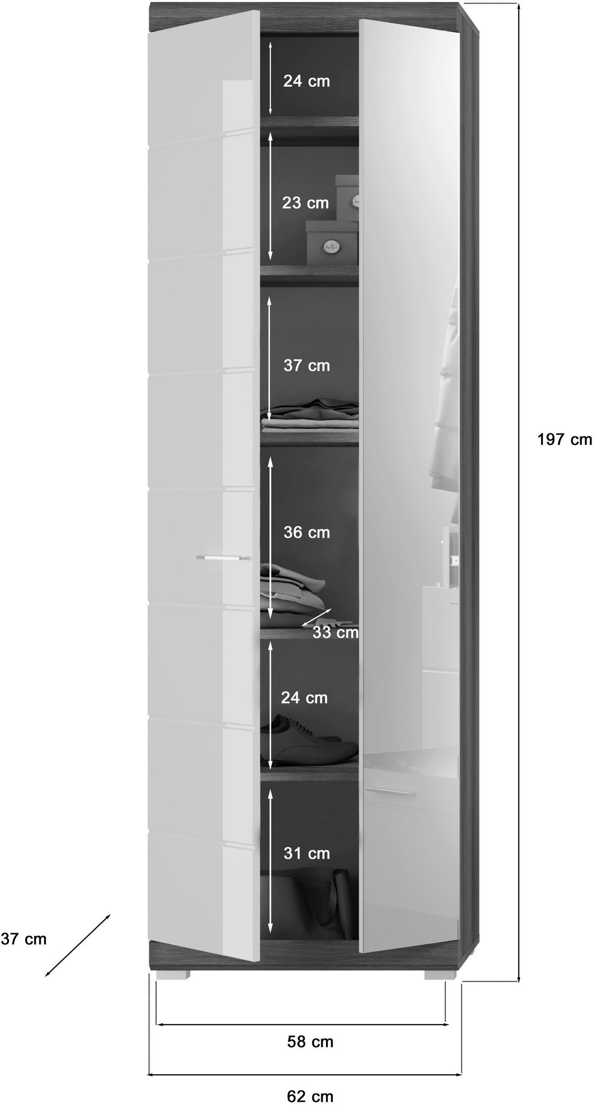 Garderobenschrank SCOUT Rauchsilber Nachbildung weiß Hochglanz B/H/T: ca. 62x197x37 cm SCOUT - weiß (62,00/197,00/37,00cm) - xonox.home