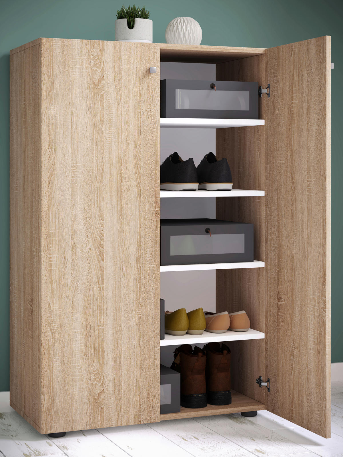 Schuhschrank Lona Eiche Sonoma Nachbildung weiß B/H/T: ca. 70x110x39 cm Lona - Eiche/weiß (70,00/110,00/39,00cm) - VCM Möbel