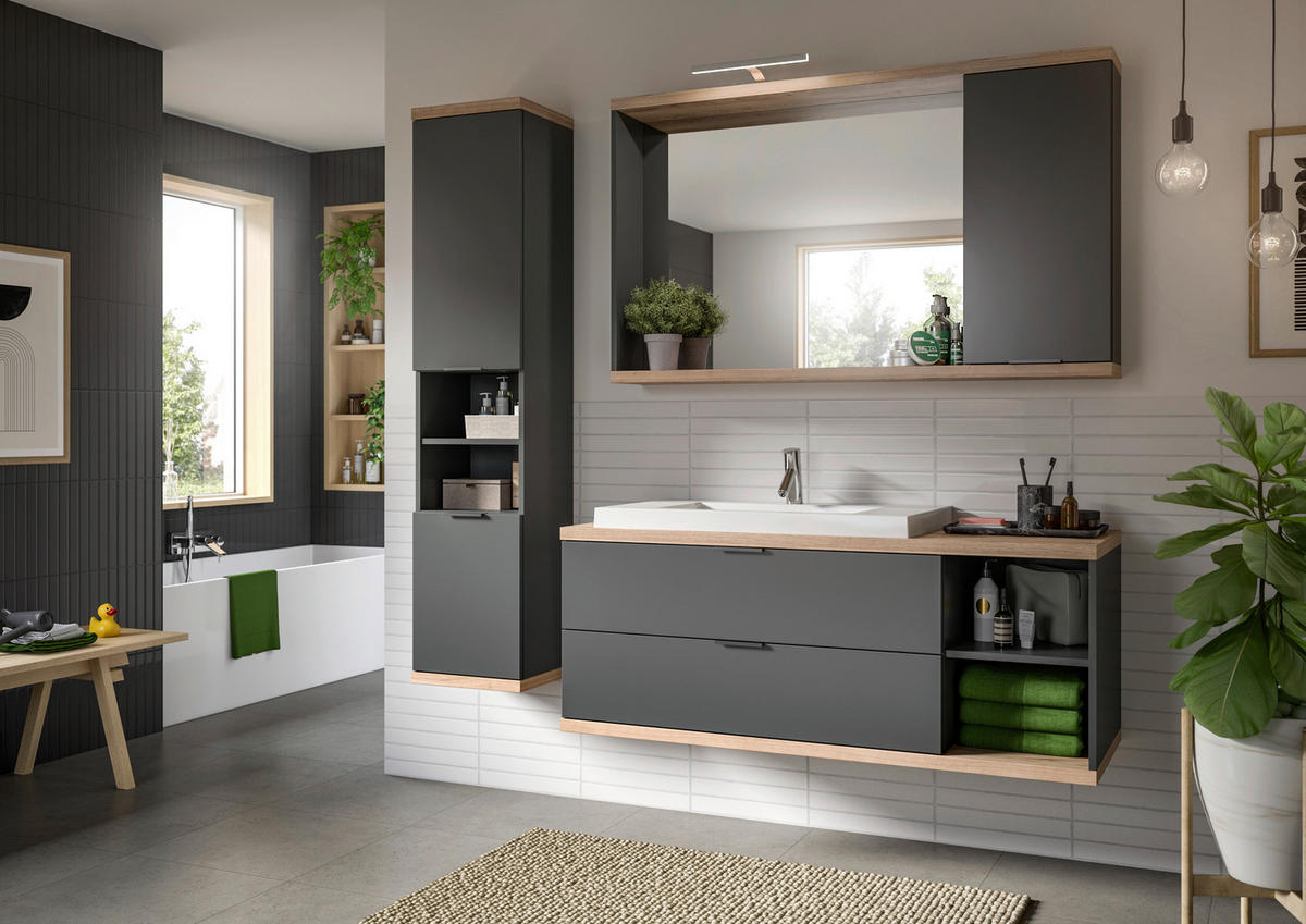Waschbeckenunterschrank Nuaro anthrazit Nox Oak Nachbildung B/H/T: ca. 130x57x48 cm Nuaro - anthrazit (130,00/57,00/48,00cm) - xonox.home