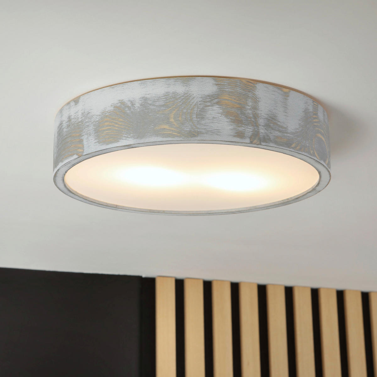 Lamkur Deckenleuchte hellbraun weiß Glas Holz B/H/L: ca. 38,5x12x38,5 cm 3 Brennstellen Eveline - weiß/hellbraun (38,50/38,50/12,00cm) - Lamkur