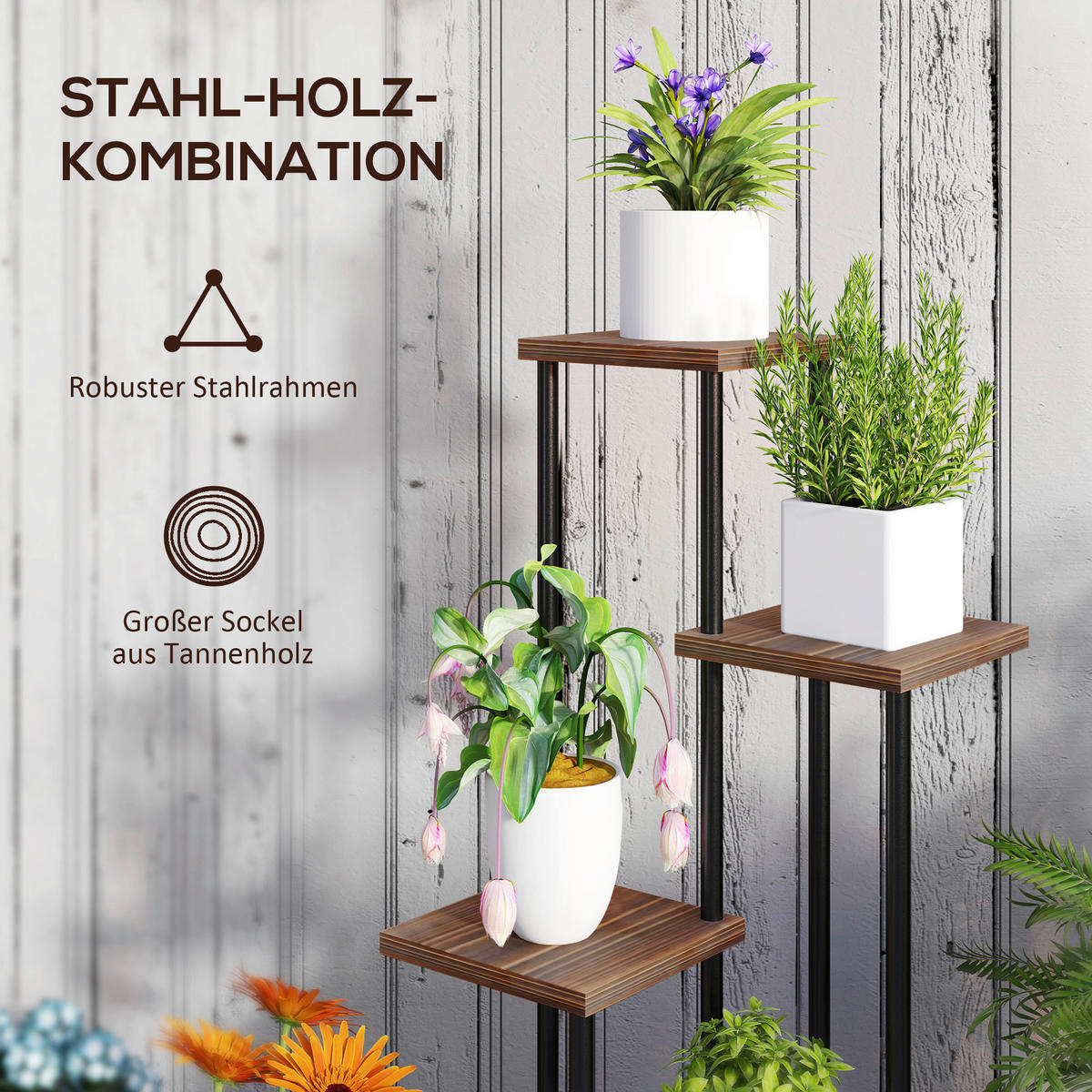 Outsunny Pflanzenständer braun Holz B/H/L: ca. 59x110x59 cm Pflanzenständer - braun/schwarz (59,00/59,00/110,00cm) - Outsunny
