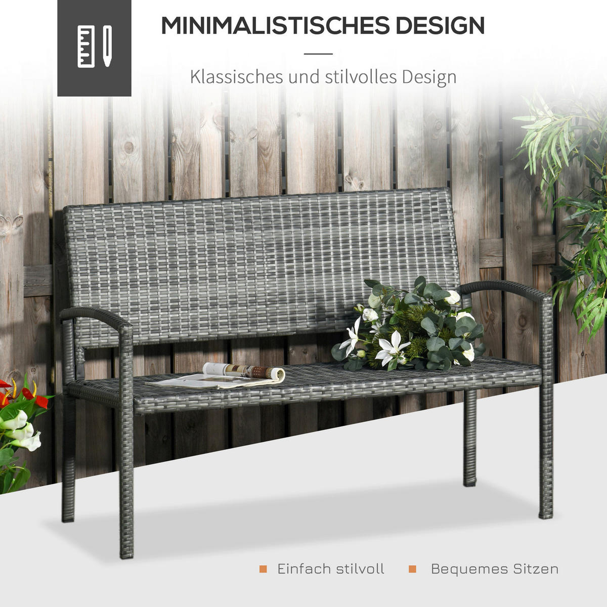 Outsunny Gartenbank grau Polyrattan B/H/L: ca. 60x122x85 cm Gartenbank - grau (85,00/60,00/122,00cm) - Outsunny