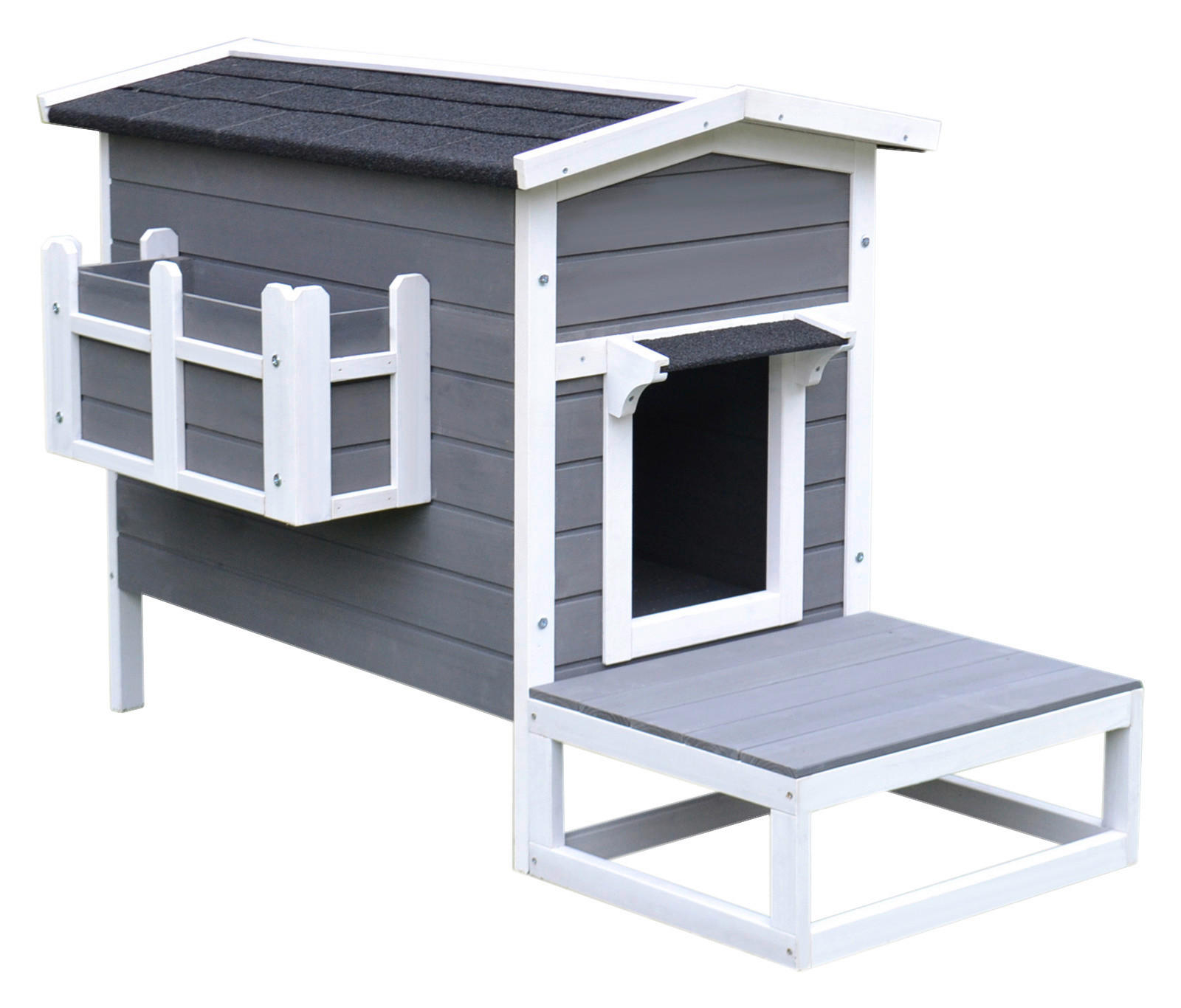 PawHut Katzenhaus grau Holz B/H/L: ca. 67x75x115 cm Katzenhaus - weiß/grau (115,00/67,00/75,00cm) - PawHut