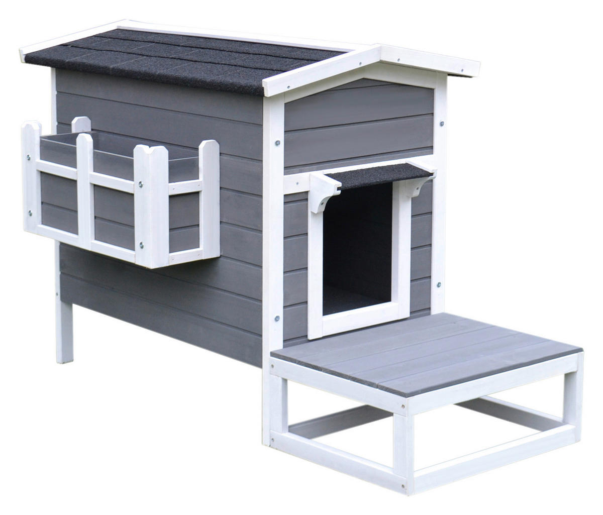 PawHut Katzenhaus grau Holz B/H/L: ca. 67x75x115 cm Katzenhaus - weiß/grau (115,00/67,00/75,00cm) - PawHut