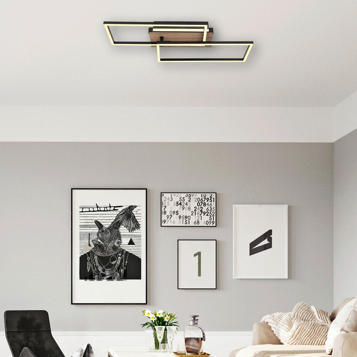 GLOBO LED-Deckenleuchte 67299D dunkelbraun mattschwarz Kunststoff MDF Metall B/H/T: ca. 49x10x60 cm COLLI - dunkelbraun/mattschwarz (49,00/10,00/60,00cm) - GLOBO