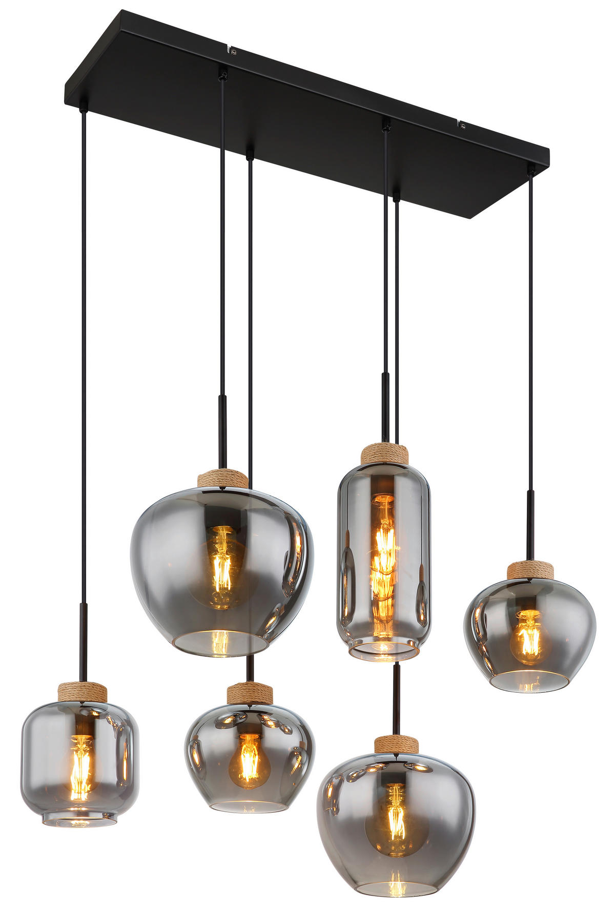 GLOBO Pendelleuchte natur schwarz Metall Hanfseil B/H/T: ca. 40x120x80 cm E27 6 Brennstellen MATT - natur/schwarz (40,00/120,00/80,00cm) - GLOBO