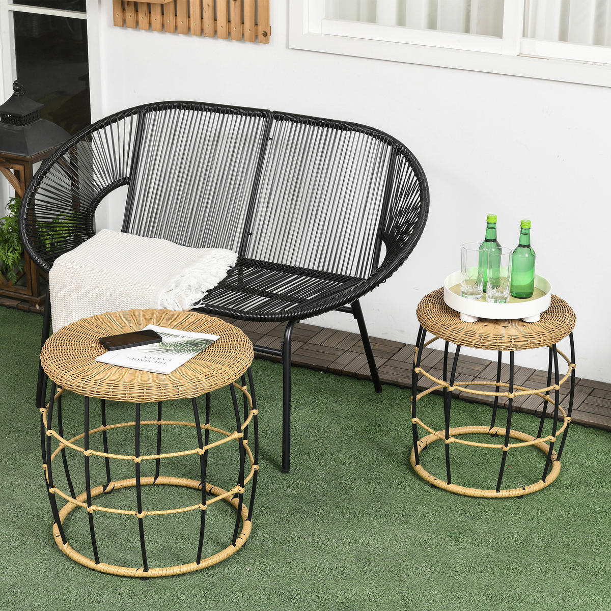 Outsunny Beistelltisch khaki Polypropylen B/H/L: ca. 58x58x53 cm Rattan_Beistelltisch-Set - khaki (53,00/58,00/58,00cm) - Outsunny