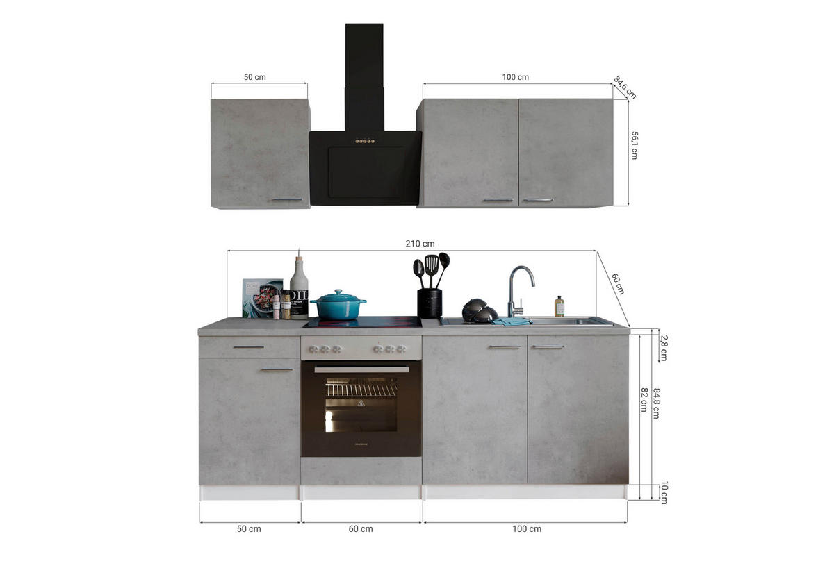 Respekta Küchenblock Malia Beton Optik B/H/T: ca. 210x200x60 cm Malia - Beton/weiß (210,00/200,00/60,00cm) - Respekta