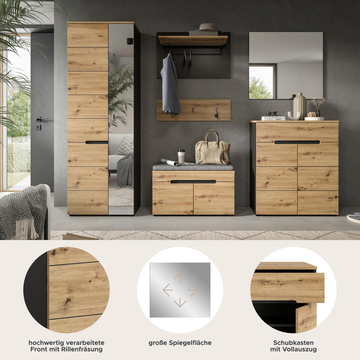 Garderobe Canu basaltgrau Nachbildung Artisan Nachbildung B/H/T: ca. 255x190x37 cm Canu - basaltgrau (255,00/190,00/37,00cm) - xonox.home