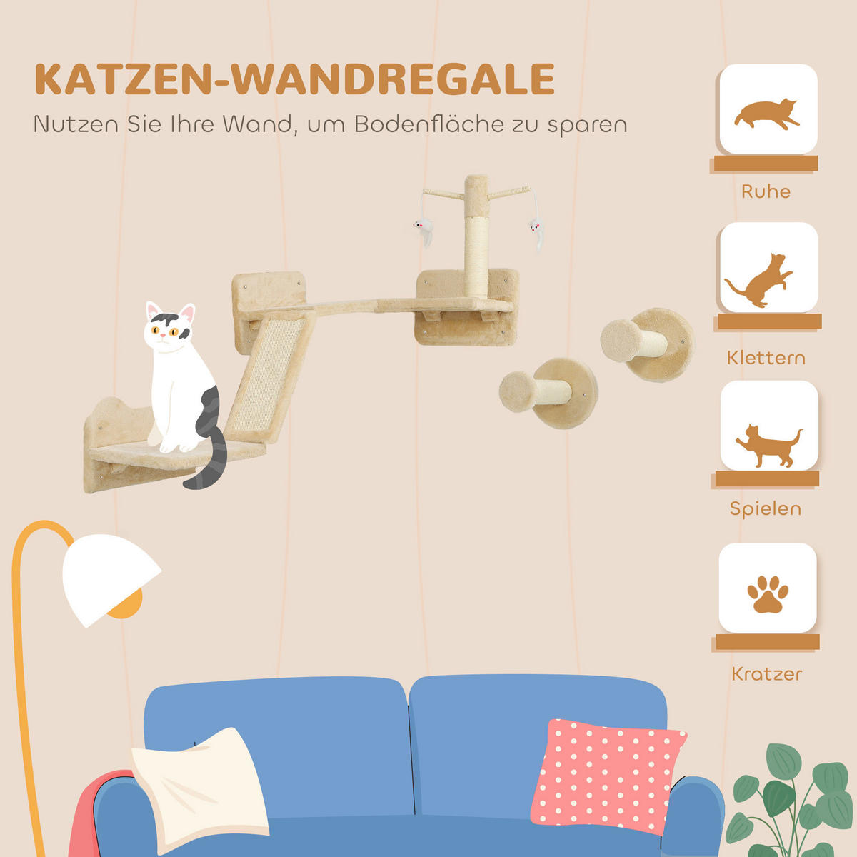 PawHut Katzen Kletterwand Set beige Plüsch B/H/L: ca. 56x73x110 cm Katzen Kletterwand Set - beige (110,00/56,00/73,00cm) - PawHut