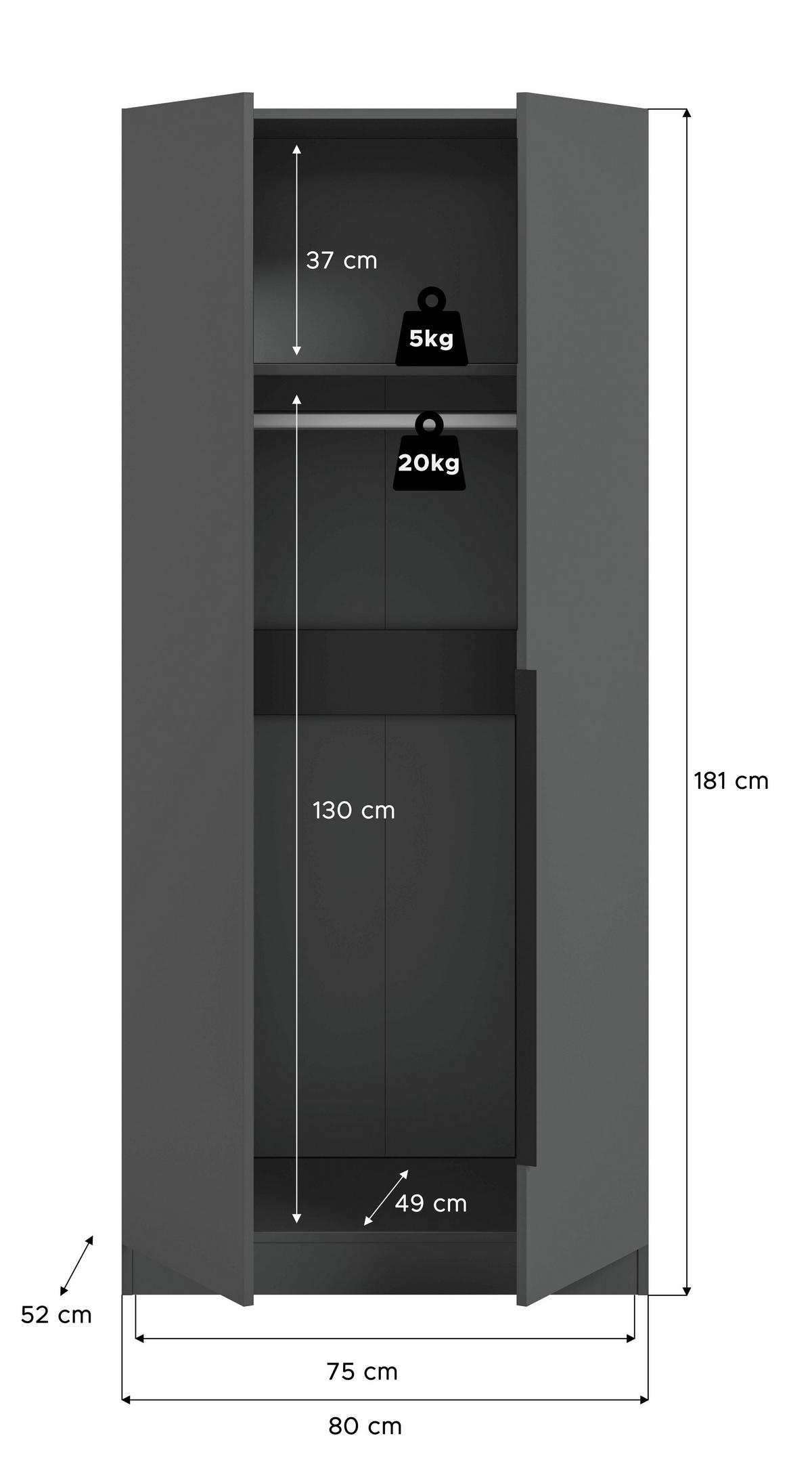 Kleiderschrank KOPENHAGEN anthrazit B/H/T: ca. 80x181x52 cm KOPENHAGEN - anthrazit (80,00/181,00/52,00cm) - xonox.home