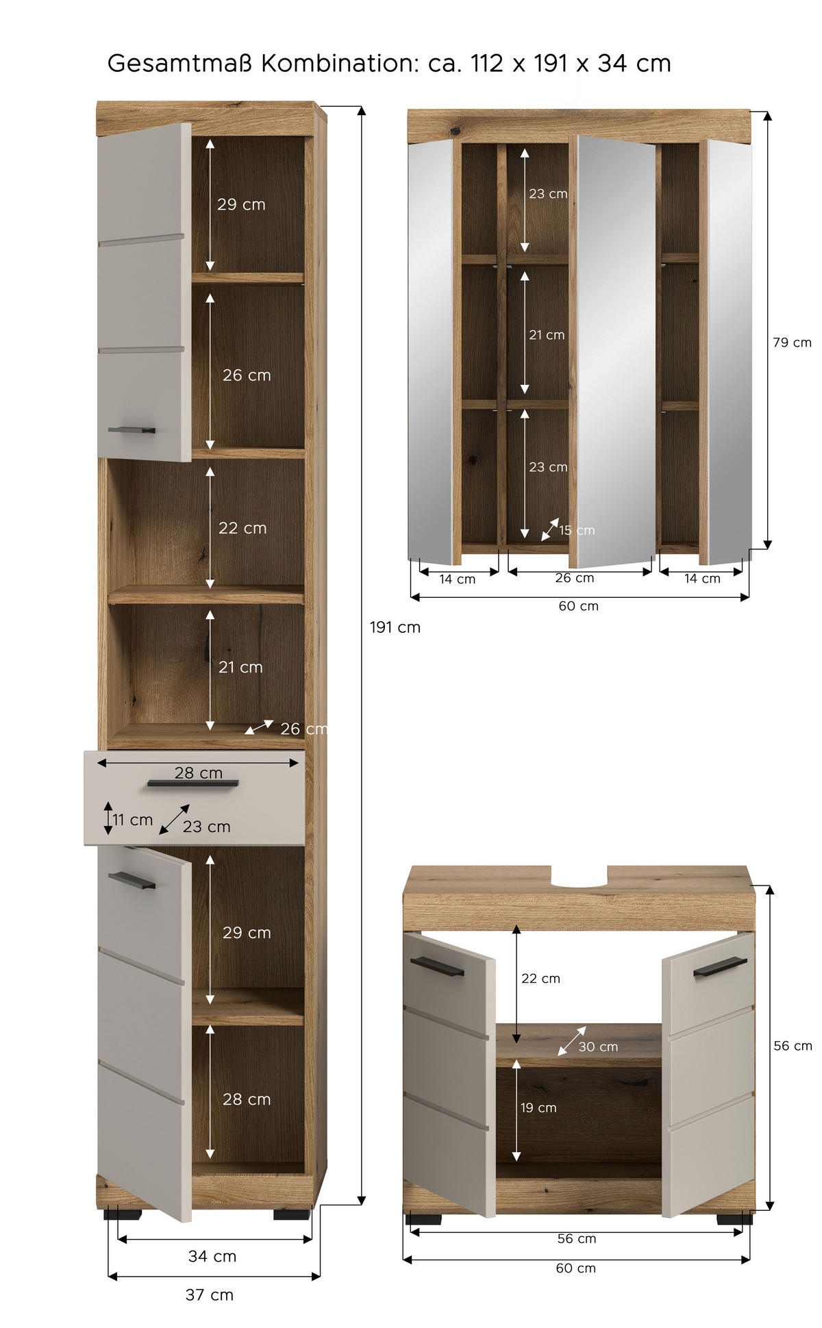 Badezimmer-Set Scout Evoke Oak Nachbildung Kaschmirgrau Nachbildung B/H/T: ca. 112x191x34 cm Scout - Kaschmirgrau (112,00/191,00/34,00cm) - xonox.home