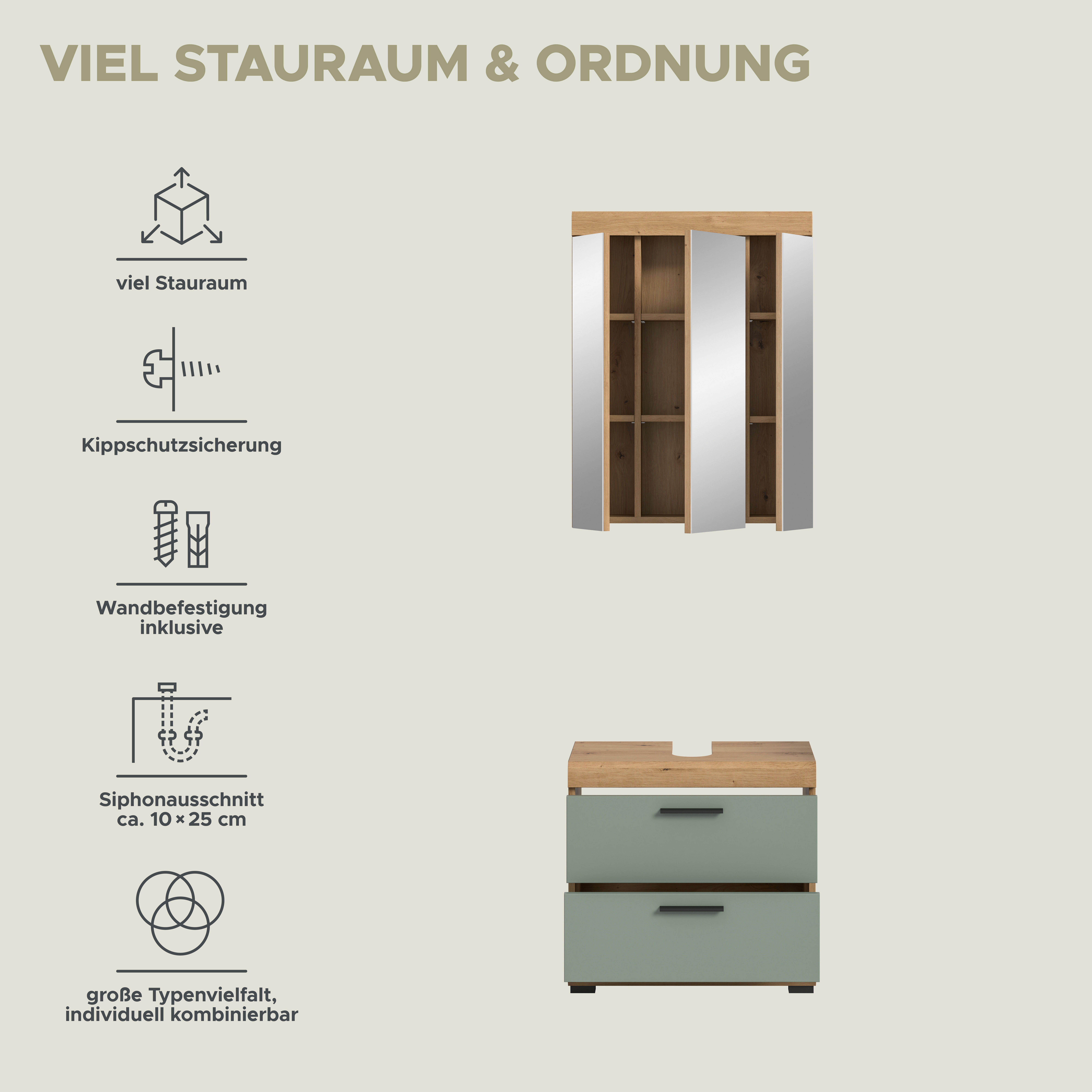 Badezimmer-Set Scout Eiche Artisan Nachbildung salbei Nachbildung B/H/T: ca. 60x191x37 cm Scout - Eiche/salbei (60,00/191,00/37,00cm) - xonox.home