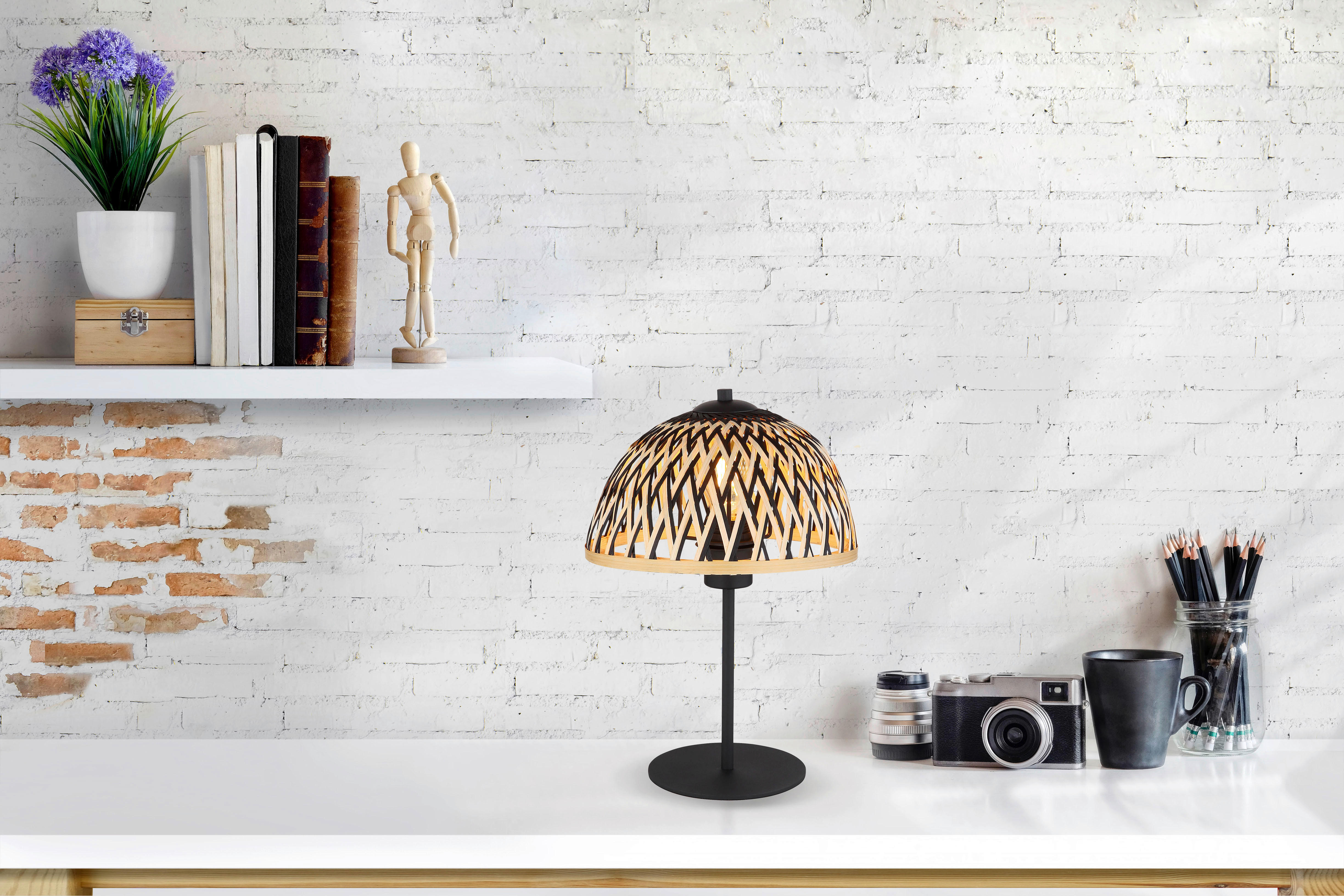 GLOBO Tischleuchte schwarz natur Metall H/D: ca. 37x25 cm E27 1 Brennstellen COLLY - natur/schwarz (25,00/37,00cm) - GLOBO