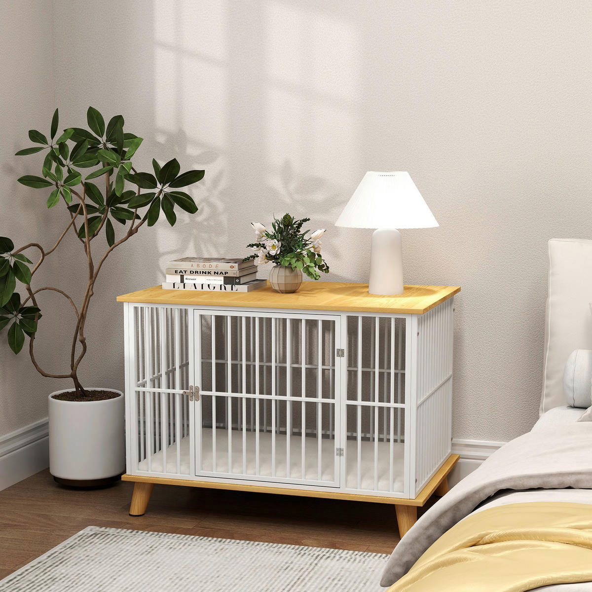 PawHut Hundekäfig Eiche Stahl B/H/L: ca. 60x70x86 cm Hundekäfig - Eiche/weiß (86,00/60,00/70,00cm) - PawHut