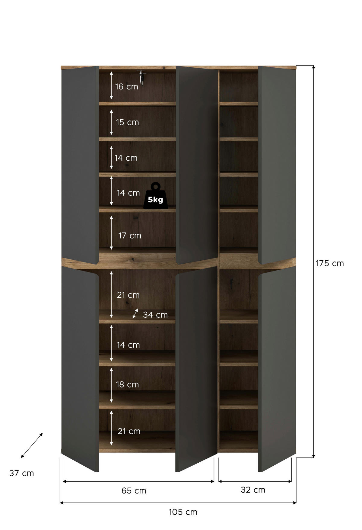 Schrank SCARPA Evoke Oak Nachbildung anthrazit B/H/T: ca. 105x175x37 cm SCARPA - anthrazit (105,00/175,00/37,00cm) - xonox.home