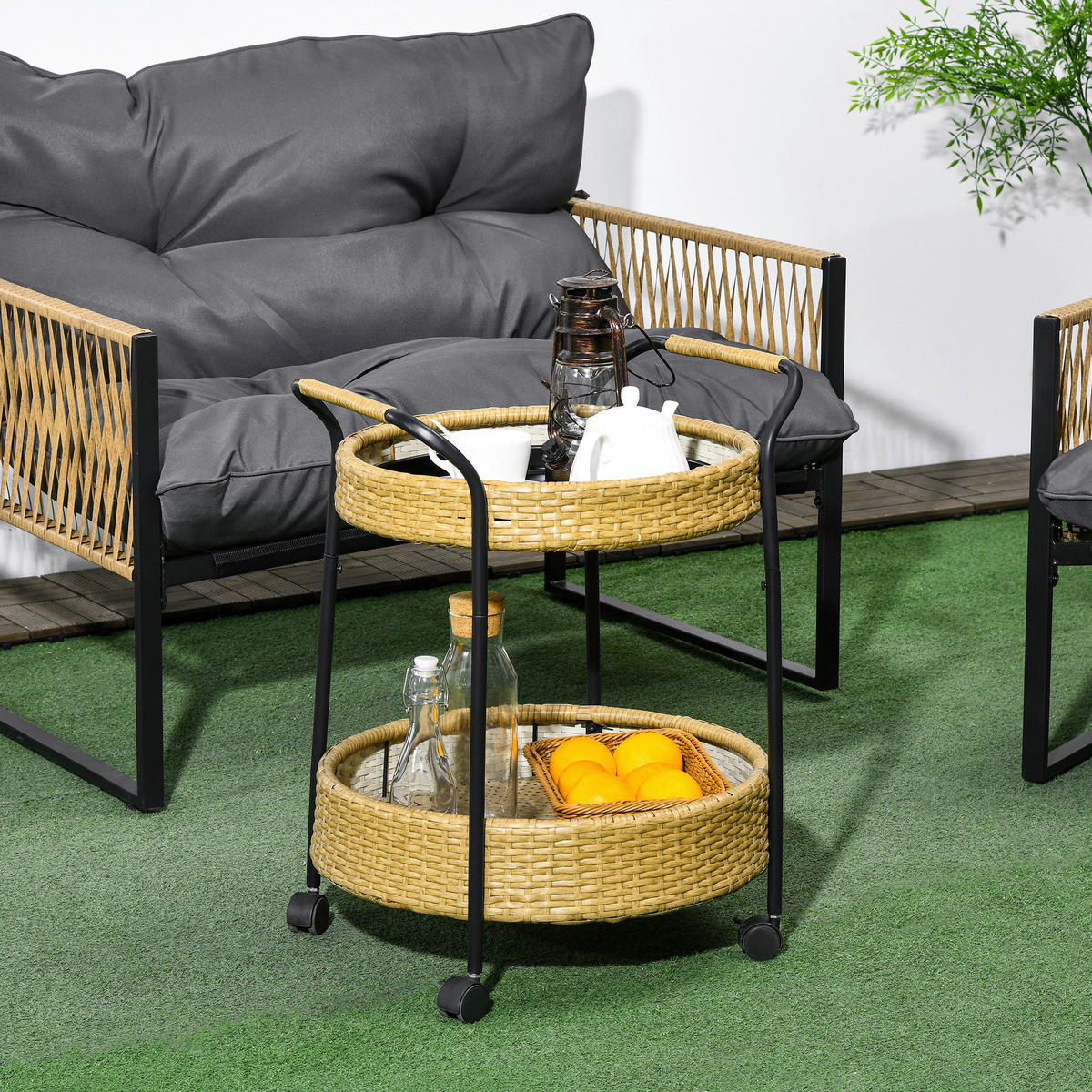 Outsunny Servierwagen gelb Edelstahl B/H/L: ca. 50x50x66 cm Rattan_Serving_Cart - gelb (66,00/50,00/50,00cm) - Outsunny