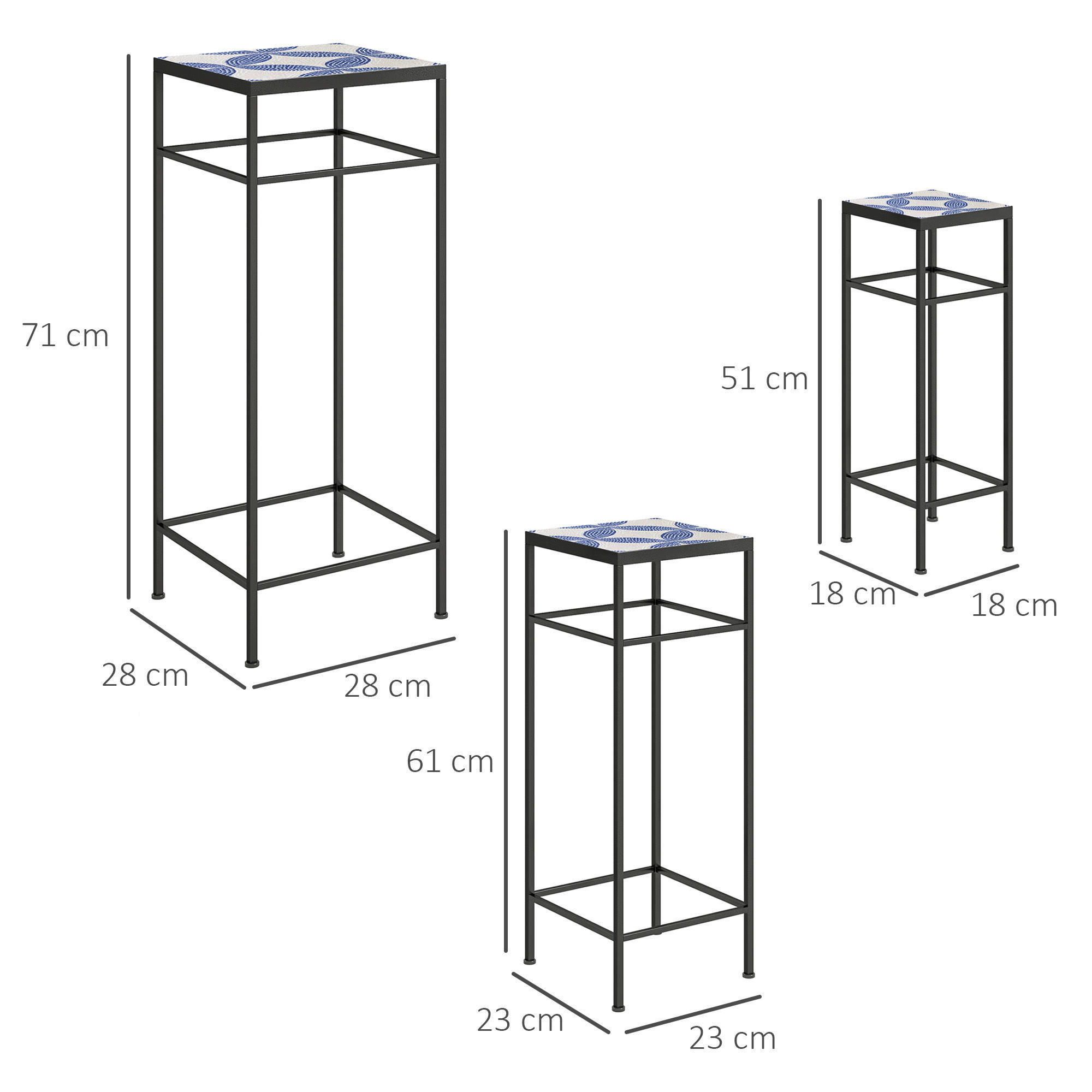 Outsunny Pflanzenständer 3er Set blau Metall B/H/L: ca. 28x71x28 cm Pflanzenständer 3er Set - blau (28,00/28,00/71,00cm) - Outsunny