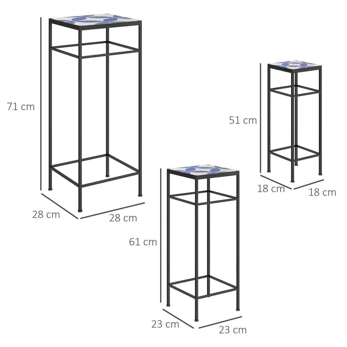 Outsunny Pflanzenständer 3er Set blau Metall B/H/L: ca. 28x71x28 cm Pflanzenständer 3er Set - blau (28,00/28,00/71,00cm) - Outsunny