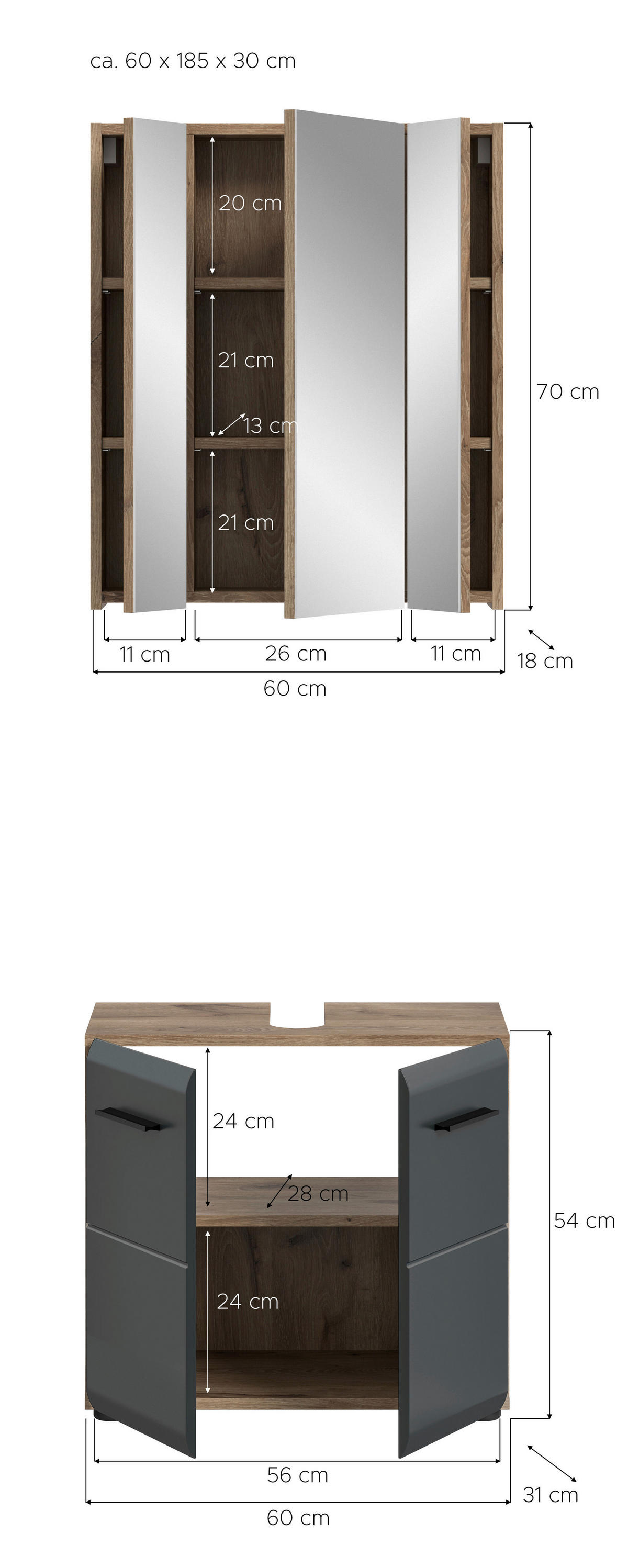 Badezimmer-Set Ice Nox Oak Nachbildung schwarz matt B/H/T: ca. 60x185x30 cm Ice - schwarz (60,00/185,00/30,00cm) - xonox.home
