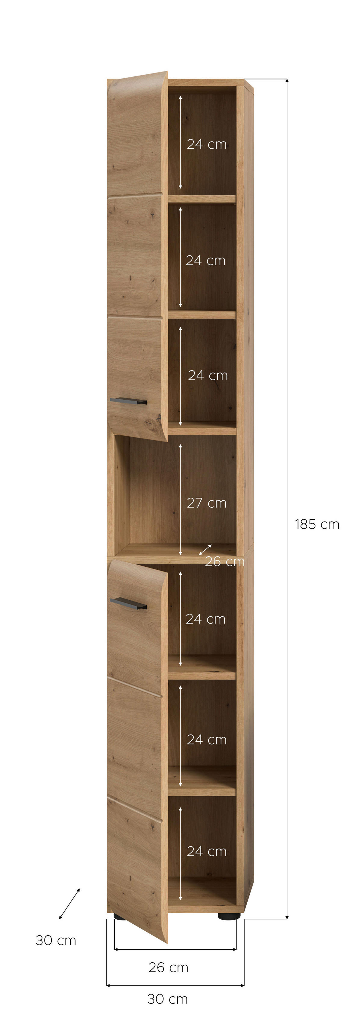 Hochschrank Ice Artisan Oak Nachbildung B/H/T: ca. 30x185x30 cm Ice - (30,00/185,00/30,00cm) - xonox.home