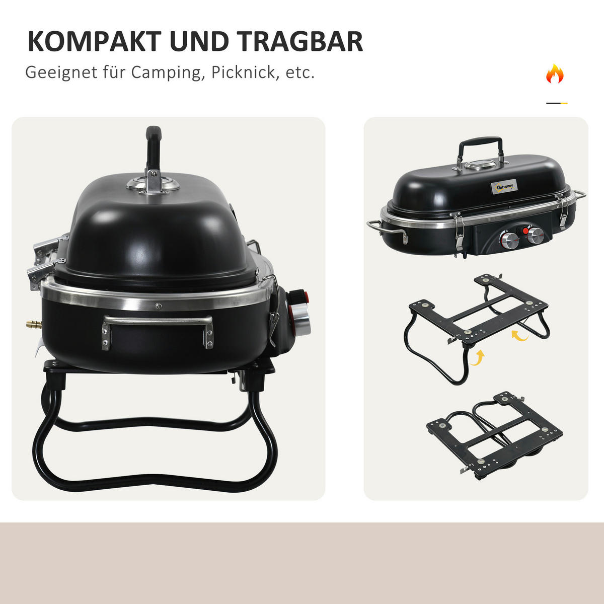 Outsunny Gasgrill Metall B/H/L: ca. 34,5x37x66 cm Gasgrill - schwarz (66,00/34,50/37,00cm) - Outsunny