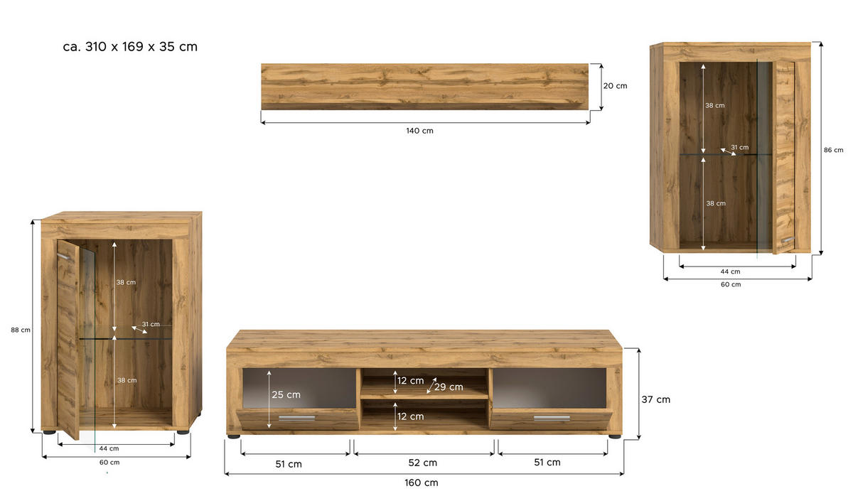 Wohnwand Jam Eiche Wotan Nachbildung B/H/T: ca. 310x169x35 cm Jam - Eiche (310,00/169,00/35,00cm) - xonox.home