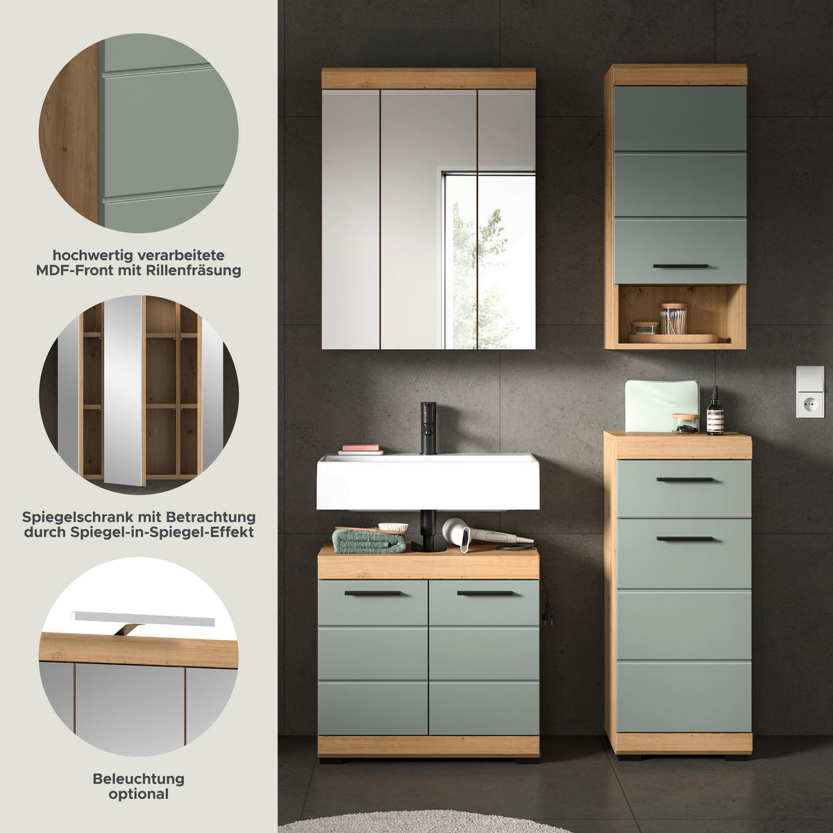 Badezimmer-Set Scout Eiche Artisan Nachbildung salbei Nachbildung B/H/T: ca. 112x191x34 cm Scout - Eiche/salbei (112,00/191,00/34,00cm) - xonox.home