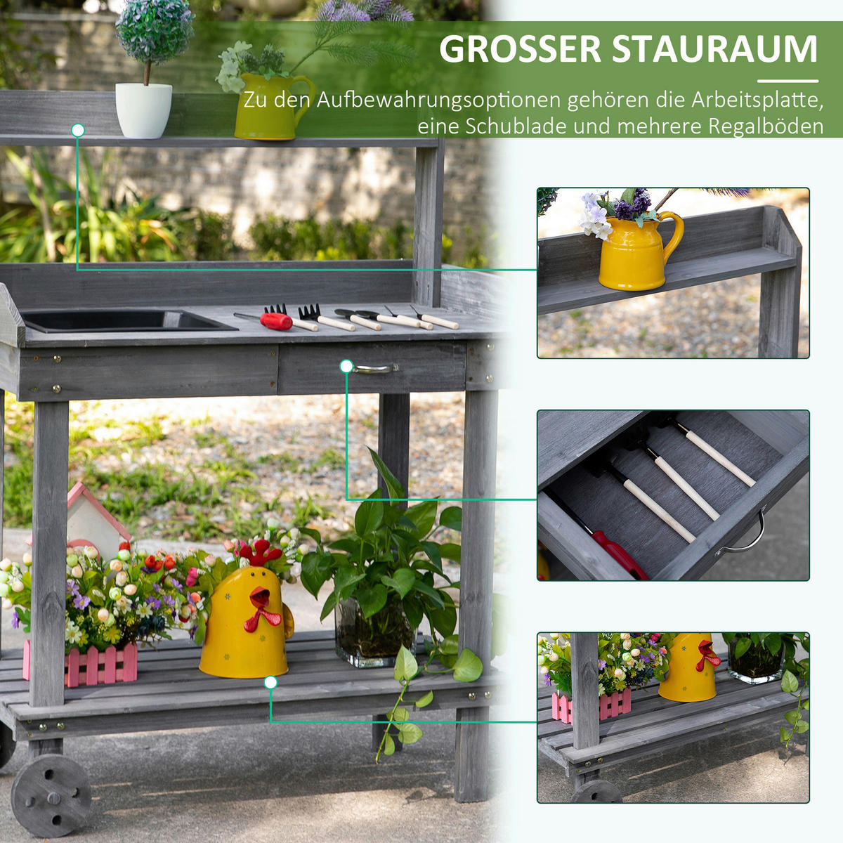 Outsunny Pflanztisch mit Rollen grau B/H/L: ca. 45x119x92 cm Gärtnertisch 845-460GY - grau (92,00/45,00/119,00cm) - Outsunny