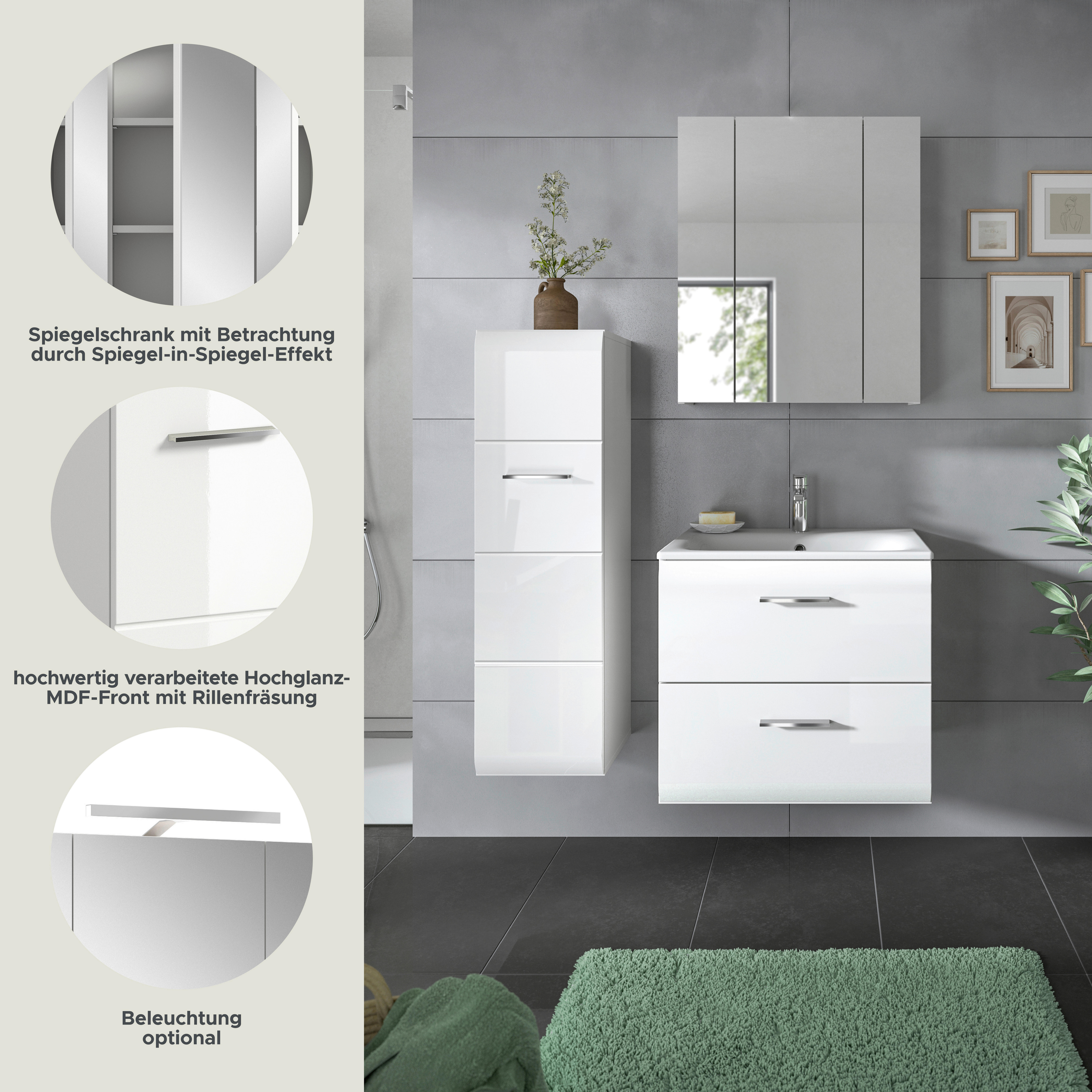 Badezimmer-Set Ice weiß weiß Hochglanz B/H/T: ca. 105x185x46 cm Ice - weiß (105,00/185,00/46,00cm) - xonox.home