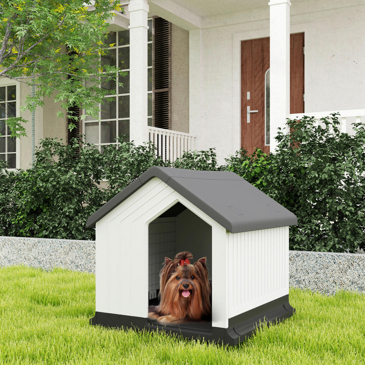 PawHut Hundehütte grau Kunststoff B/H/L: ca. 61x60x62 cm Hundehütte - weiß/grau (62,00/61,00/60,00cm) - PawHut