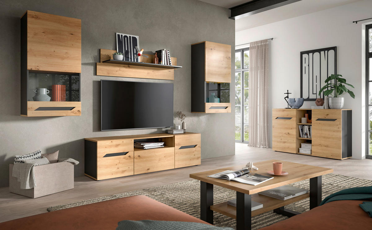 Wohnwand Caserta basaltgrau Nachbildung Artisan Oak Nachbildung B/H/T: ca. 253x196x40 cm Caserta - basaltgrau (253,00/196,00/40,00cm) - xonox.home