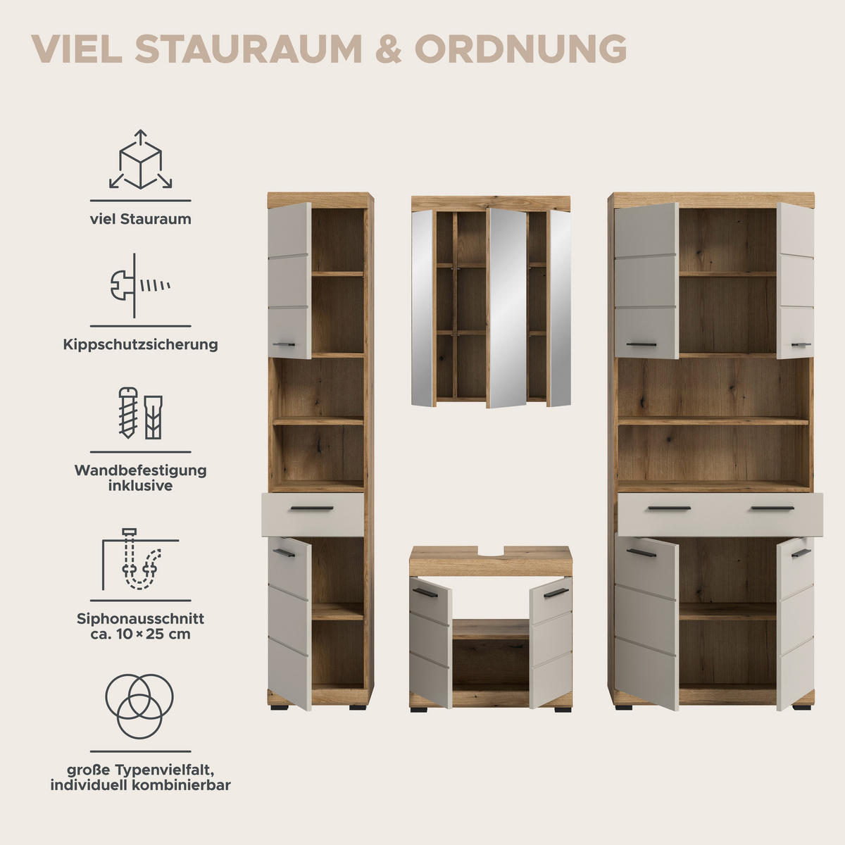 Badezimmer-Set Scout Evoke Oak Nachbildung Kaschmirgrau Nachbildung B/H/T: ca. 201x191x34 cm Scout - Kaschmirgrau (201,00/191,00/34,00cm) - xonox.home