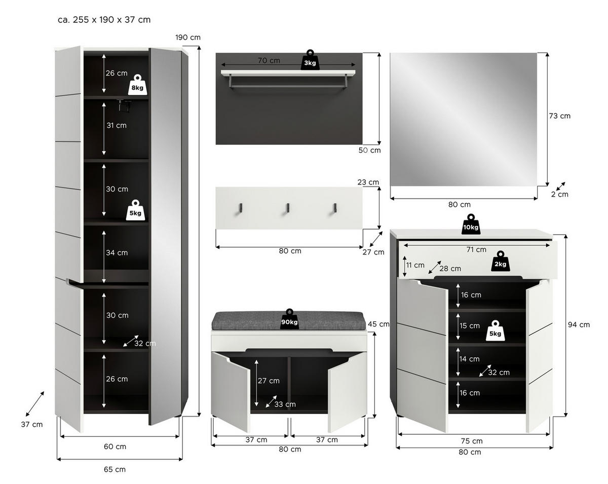 Garderobe Canu basaltgrau Nachbildung weiß B/H/T: ca. 255x190x37 cm Canu - weiß/basaltgrau (255,00/190,00/37,00cm) - xonox.home