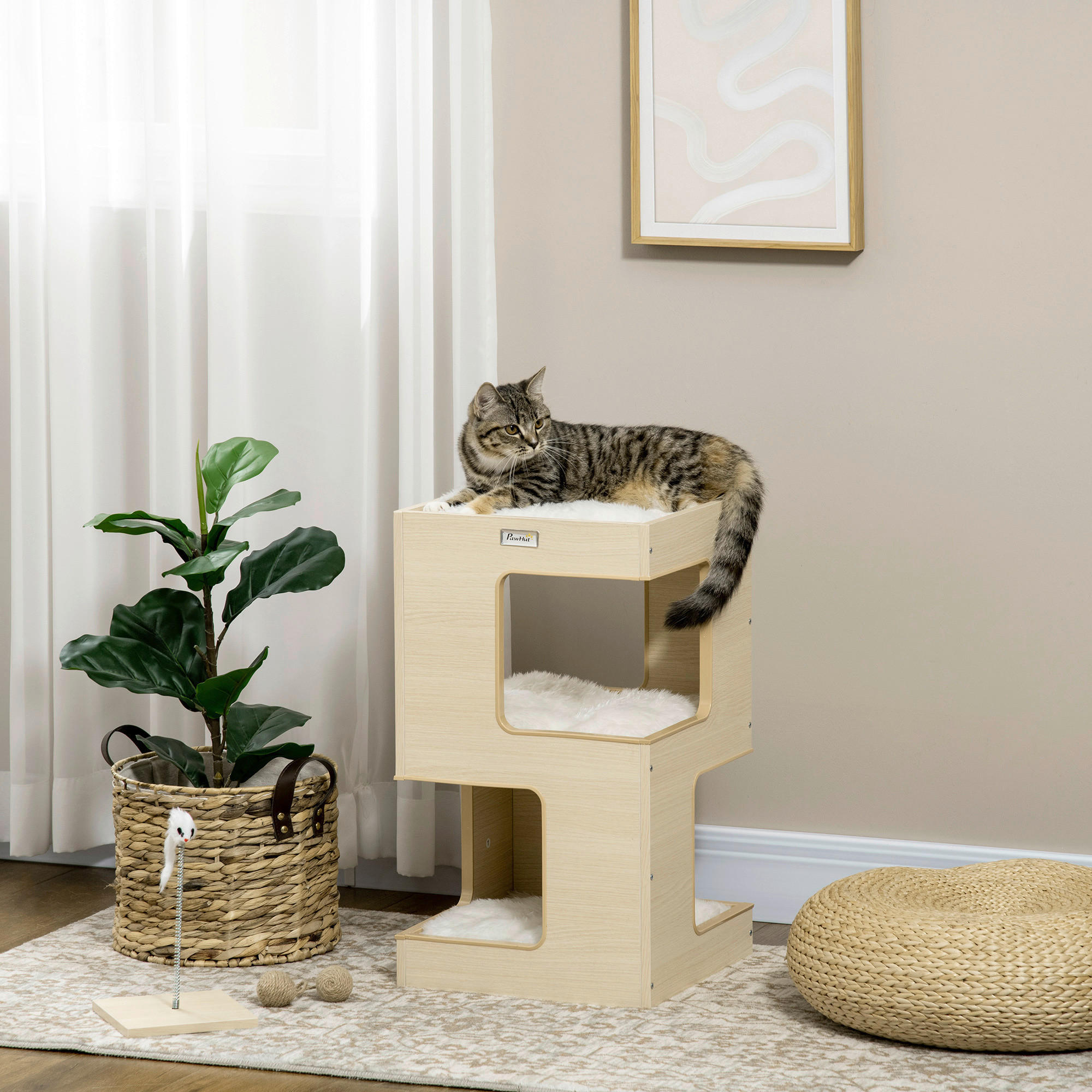 PawHut Katzenhaus Eiche Spanplatte B/H/L: ca. 34x60x34 cm Katzenhaus - Eiche (34,00/34,00/60,00cm) - PawHut
