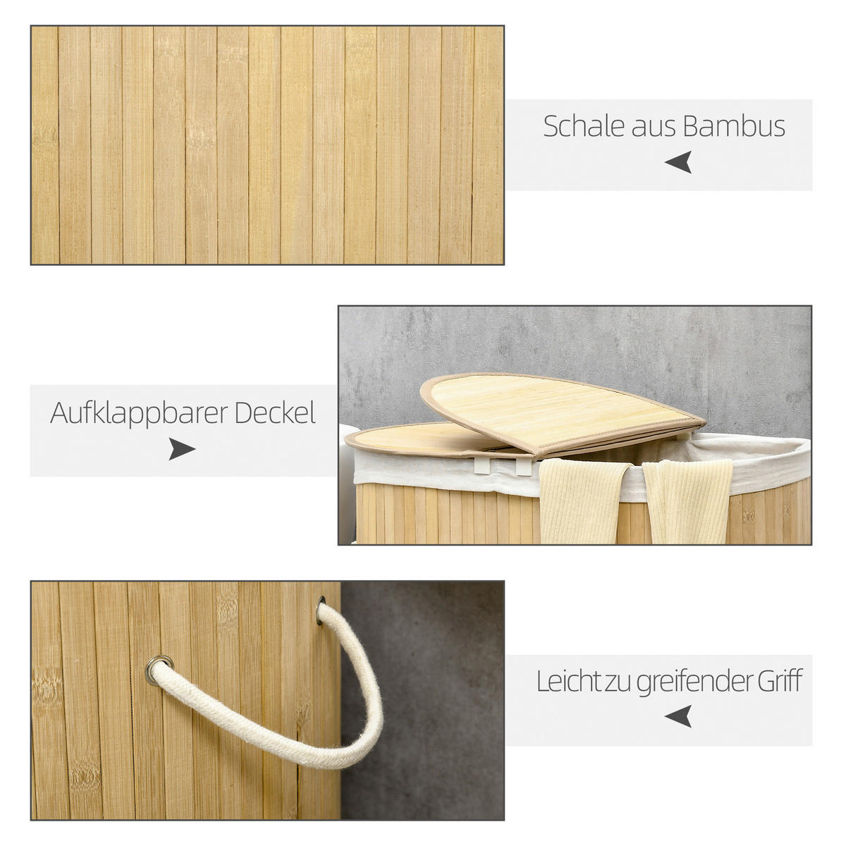 HOMCOM Wäschekorb natur Polypropylen B/H/L: ca. 37x62,5x60,5 cm Wäschekorb - natur (60,50/37,00/62,50cm) - HOMCOM