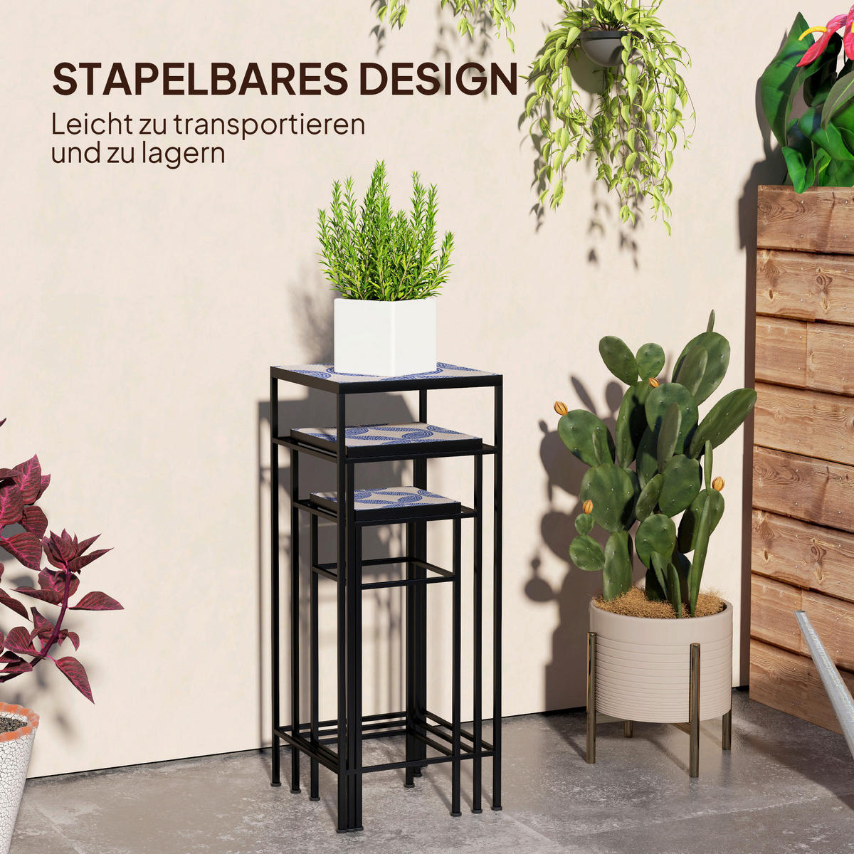 Outsunny Pflanzenständer 3er Set blau Metall B/H/L: ca. 28x71x28 cm Pflanzenständer 3er Set - blau (28,00/28,00/71,00cm) - Outsunny