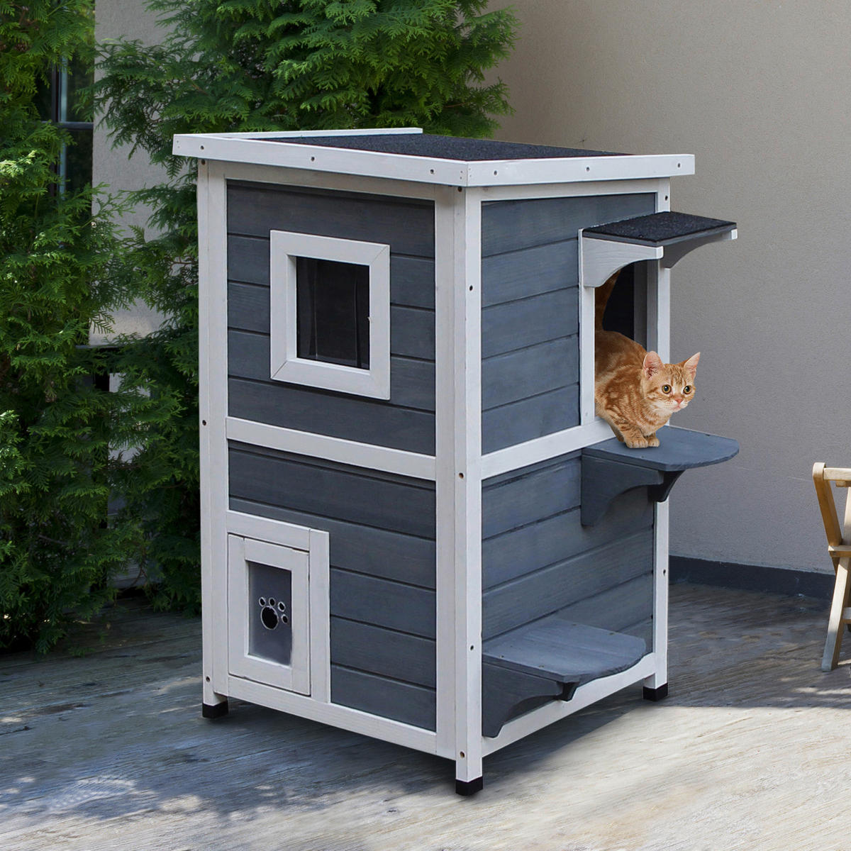 PawHut Katzenvilla grau Holz B/H/L: ca. 51x81x51 cm Katzenvilla - weiß/grau (51,00/51,00/81,00cm) - PawHut
