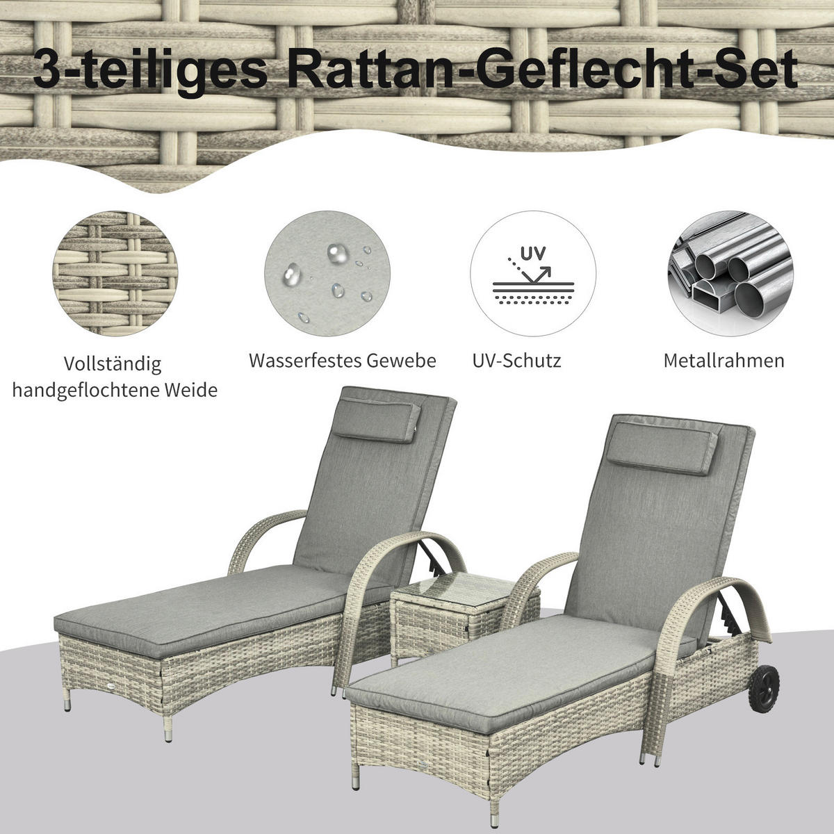 Outsunny Gartenliege-Set mit Tisch grau Polyrattan B/H/L: ca. 73x103x200 cm Gartenliege-Set mit Tisch - grau (200,00/73,00/103,00cm) - Outsunny