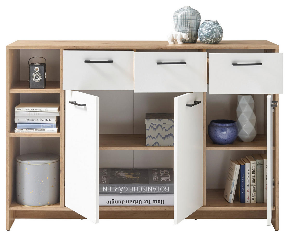 Kommode Open Eiche Artisan Nachbildung weiß B/H/T: ca. 135x95x38 cm Open - Eiche/weiß (135,00/95,00/38,00cm)