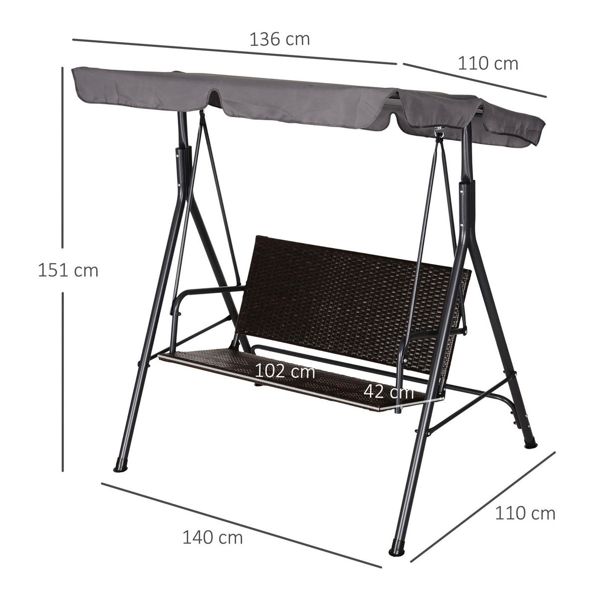Outsunny Hollywoodschaukel schwarz Stahl B/H/T: ca. 140x151x110 cm Hollywoodschaukel - schwarz/grau (140,00/151,00/110,00cm) - Outsunny