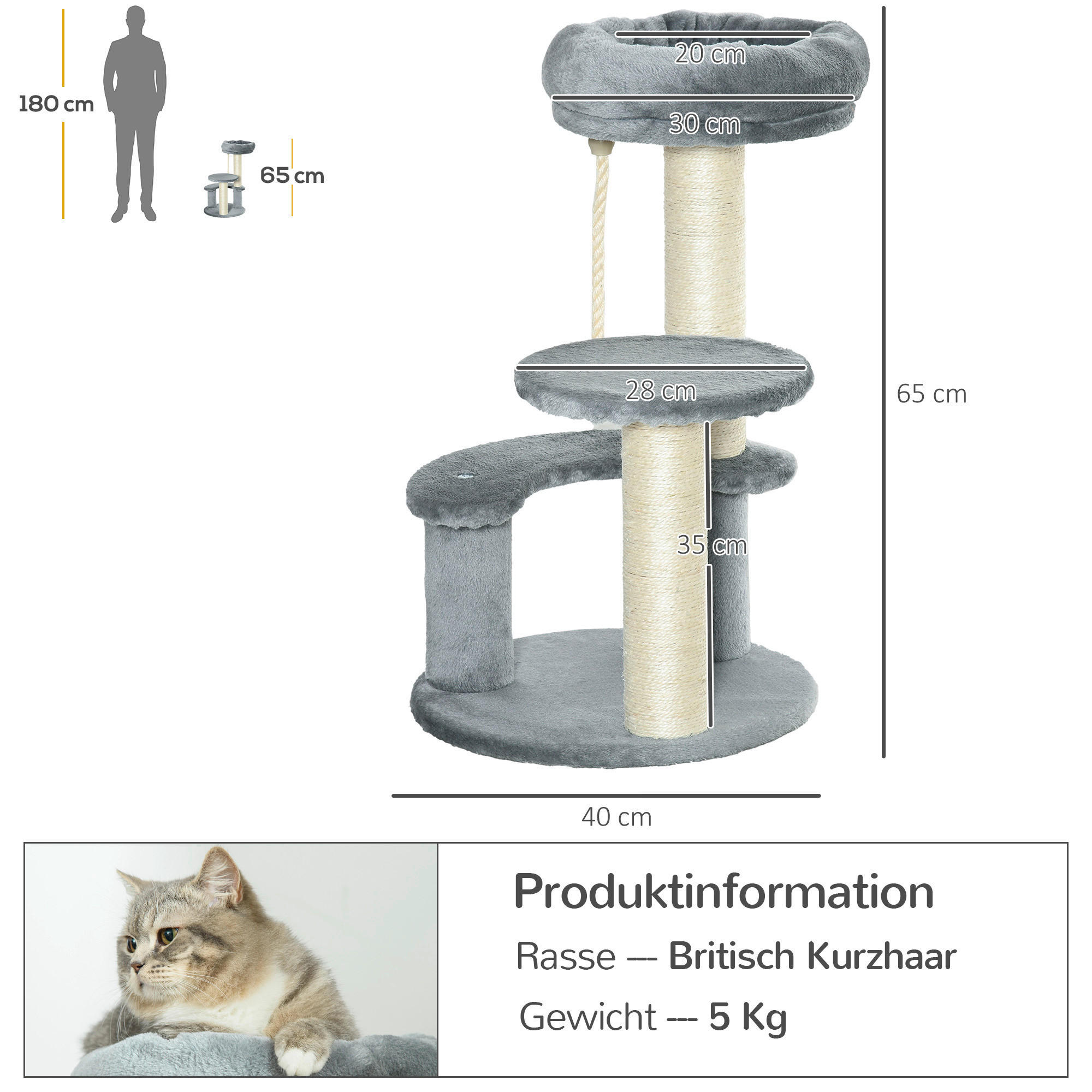 PawHut Katzen-Zubehör grau Polypropylen B/H/L: ca. 40x40x65 cm Katzenbaum - grau (65,00/40,00/40,00cm) - PawHut
