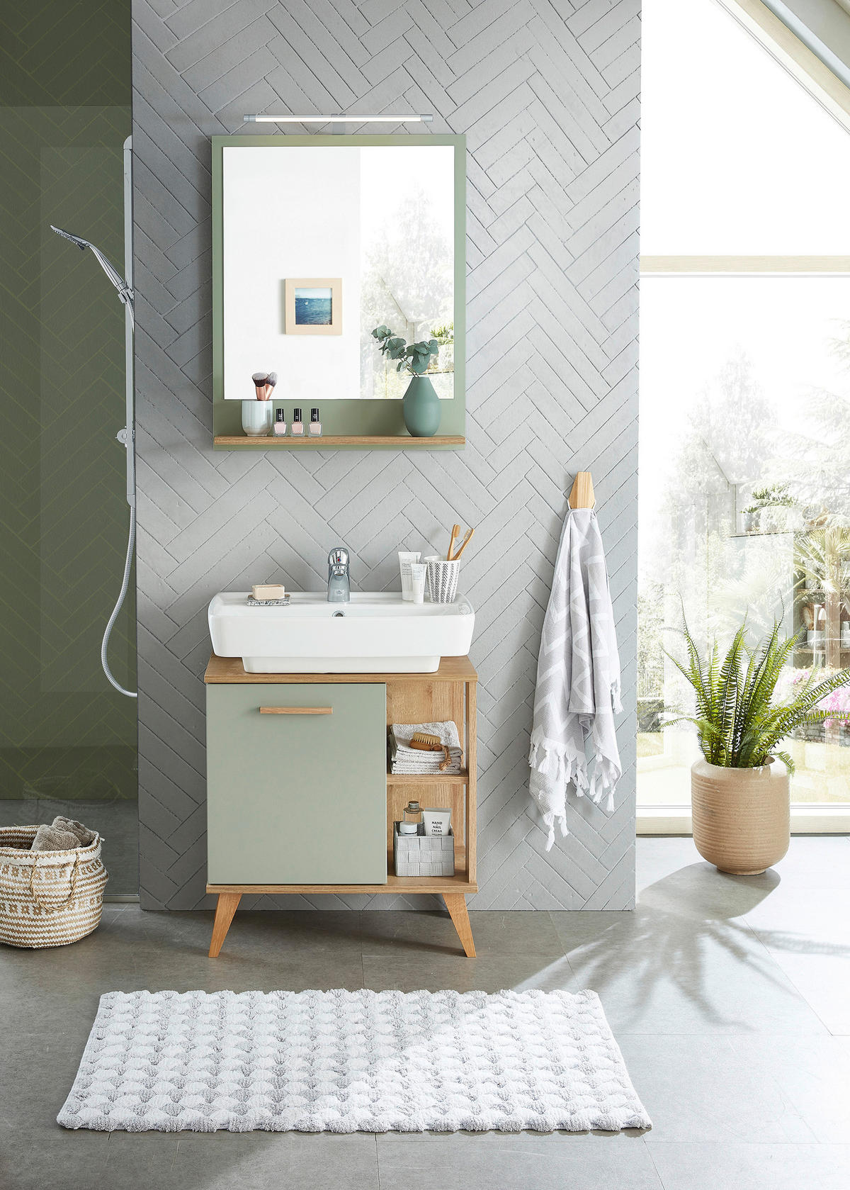 Badezimmer-Set Quickset 963 salbei Nachbildung Eiche Riviera Nachbildung B/H/T: ca. 60,5x200x33 cm Quickset 963 - Eiche/salbei (60,50/200,00/33,00cm) - Pelipal
