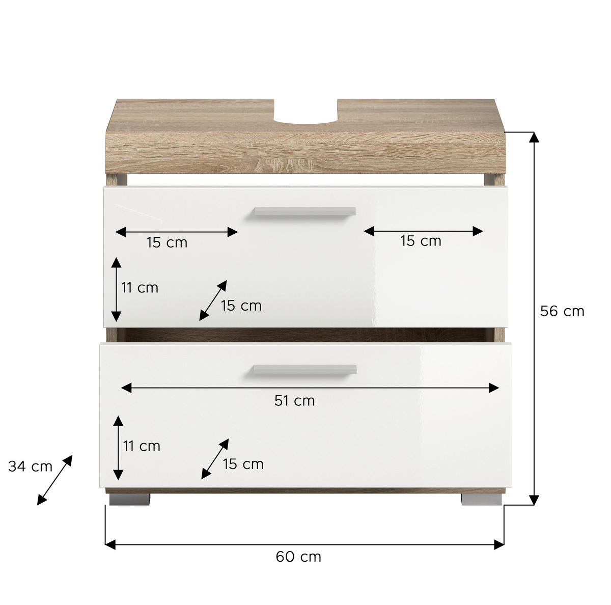 Waschbeckenunterschrank Lambada Eiche Sonoma Nachbildung weiß Hochglanz B/H/T: ca. 60x56x37 cm Lambada - Eiche/weiß (60,00/56,00/37,00cm) - xonox.home