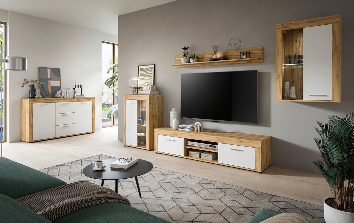 Wohnwand Jam Eiche Wotan Nachbildung weiß B/H/T: ca. 310x169x35 cm Jam - Eiche/weiß (310,00/169,00/35,00cm) - xonox.home