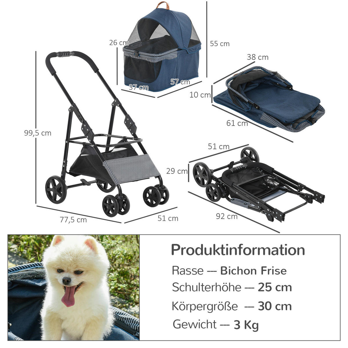 PawHut Hunde-Zubehör dunkelblau Edelstahl B/H/L: ca. 51x77,5x99,5 cm Hundewagen - dunkelblau (99,50/51,00/77,50cm) - PawHut