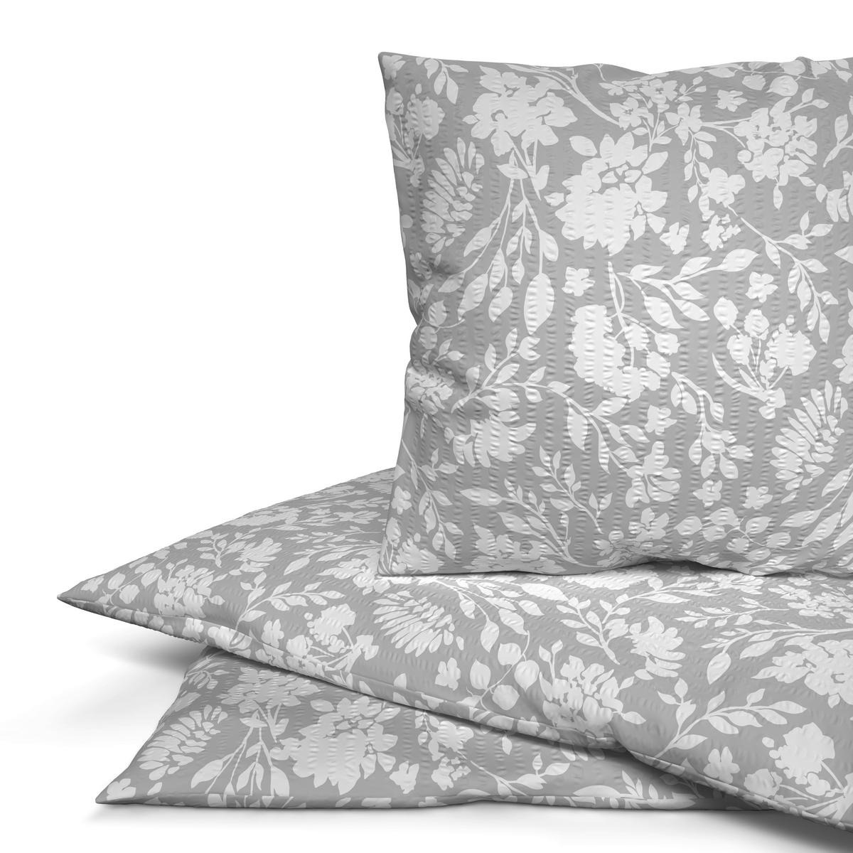 Seersucker Bettwäsche Bettwäsche_Micro-Seersucker Blumen - weiß/silber (135,00/200,00cm)