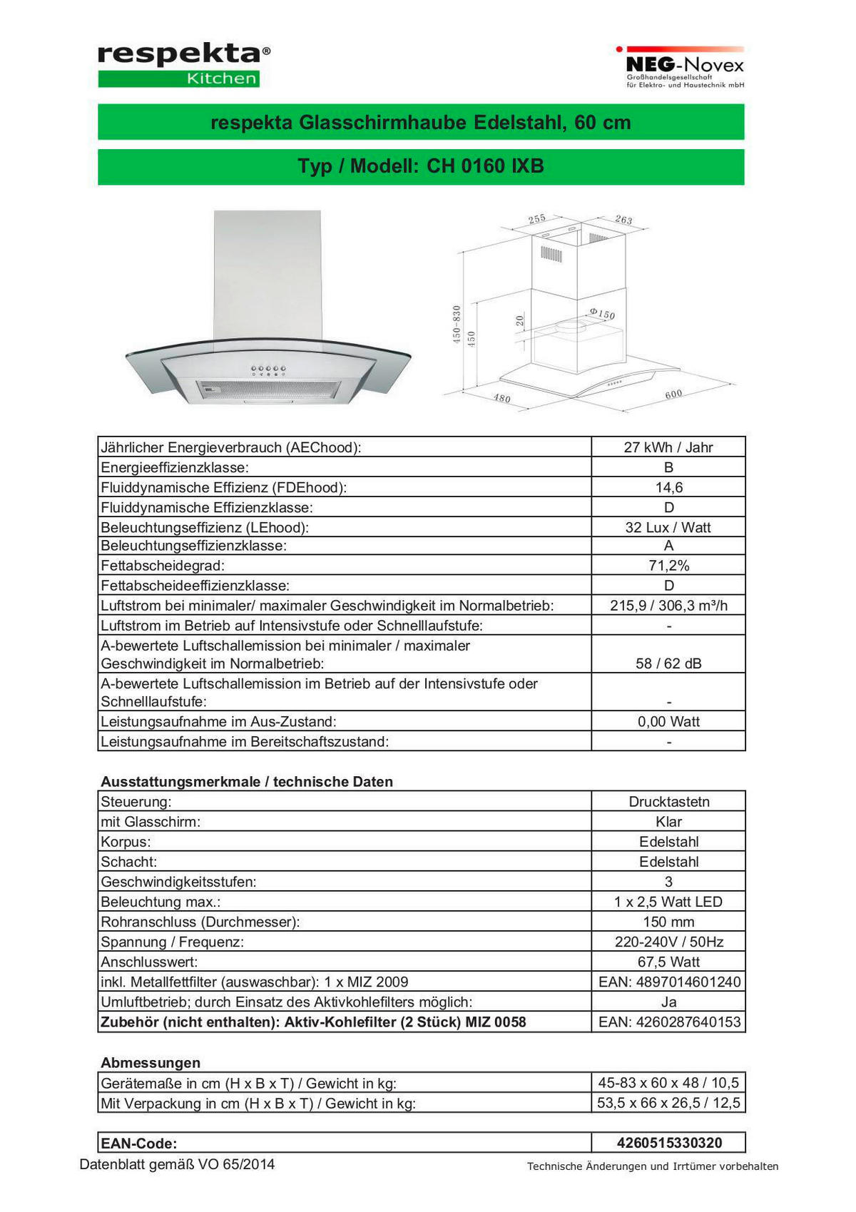 Respekta Dunstabzugshaube CH0160IXB Edelstahl Edelstahl Glas B/H/T: ca. 60x45x48 cm CH0160IXB - Edelstahl (60,00/45,00/48,00cm) - Respekta