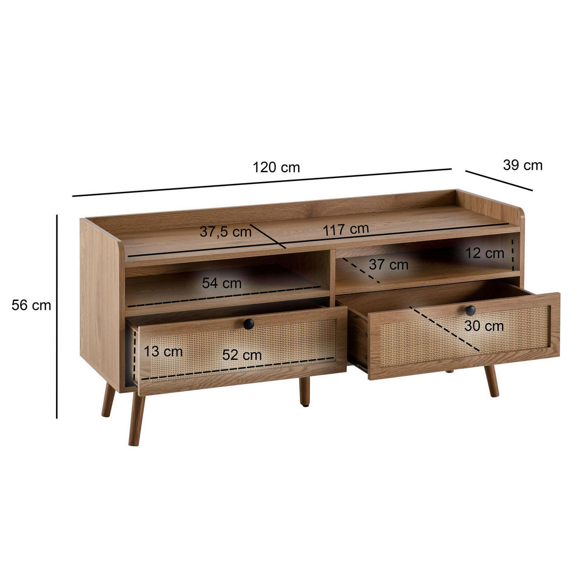 Lowboard Eiche Optik B/H/T: ca. 120x56x39 cm TV & Lowboard - Eiche (120,00/56,00/39,00cm) - Wohnling