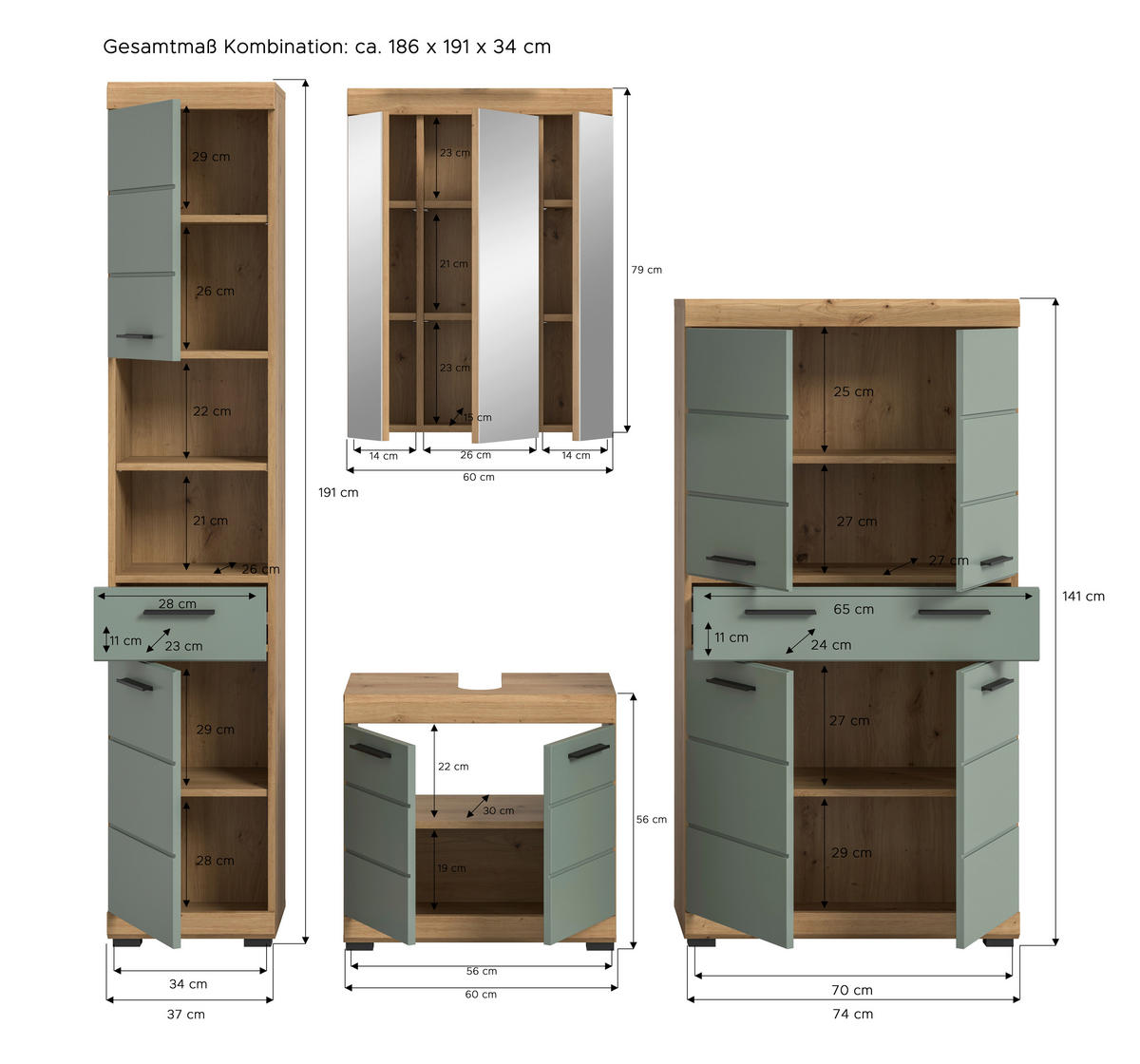 Badezimmer-Set Scout Eiche Artisan Nachbildung salbei Nachbildung B/H/T: ca. 186x191x34 cm Scout - Eiche/salbei (186,00/191,00/34,00cm) - xonox.home